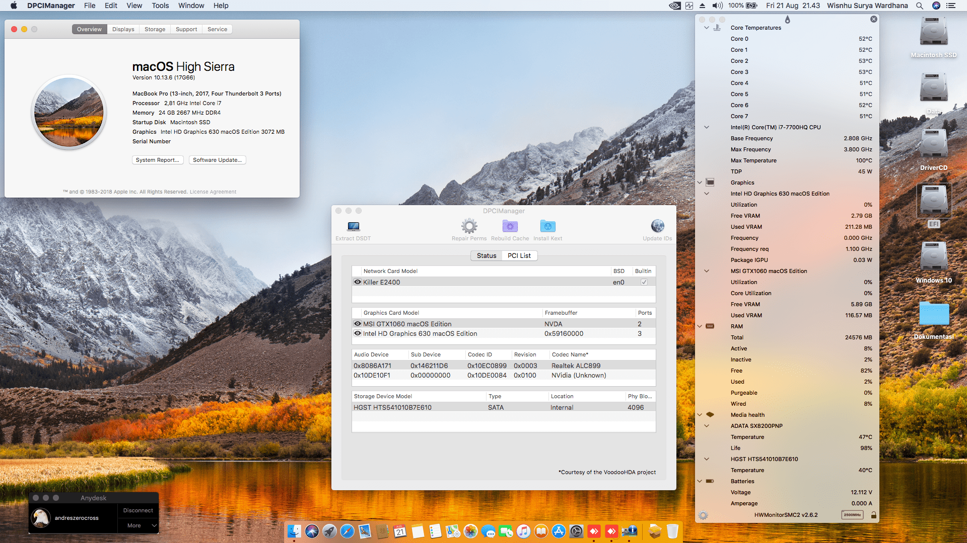 Success Hackintosh macOS High Sierra 10.13.6 Build 17G66 at MSI GL62MVR-7RFX-1056XID